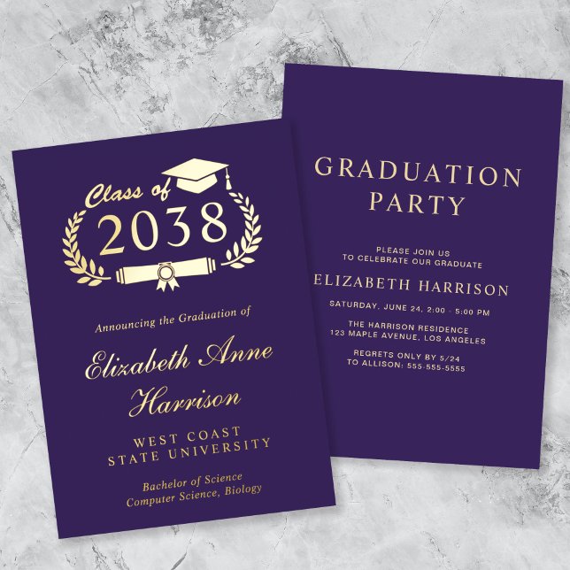 Elegant Script Purple College Graduation Party Foil Invitation (An elegant foil graduation party invitation to celebrate the graduate's achievements)