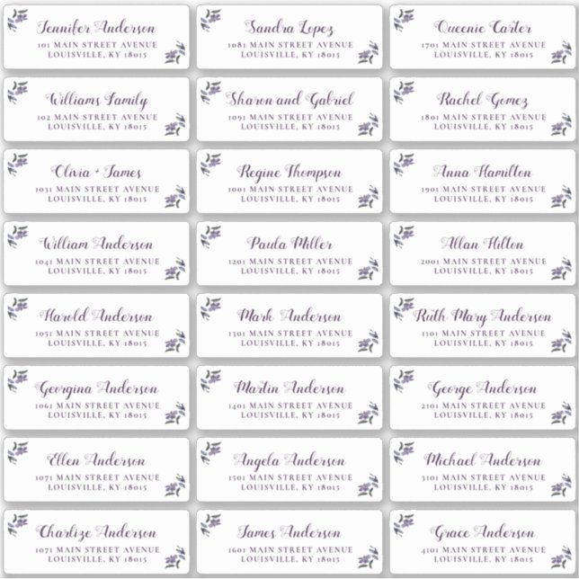 Elegant Script Purple Floral Guest Address Labels (Front)