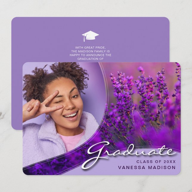 Elegant Script Purple Flowers | Modern Photo Grad  Announcement (Front/Back)