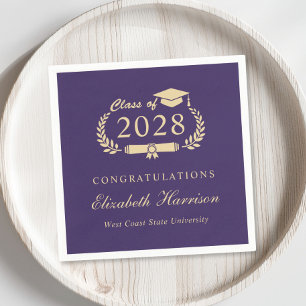 Elegant Script Purple Gold Graduation Napkins