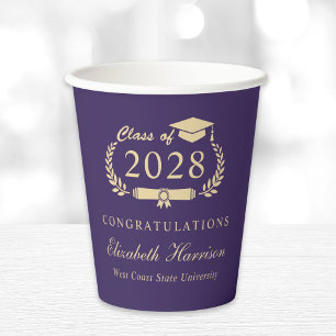 Elegant Script Purple Gold Graduation Paper Cups