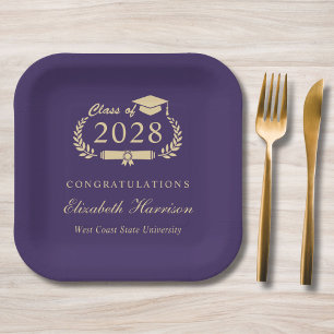 Elegant Script Purple Gold Graduation Paper Plates
