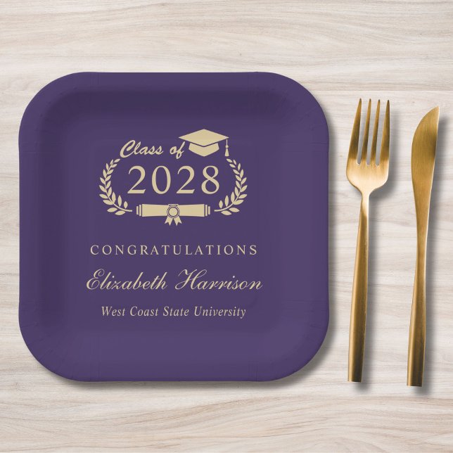 Elegant Script Purple Gold Graduation Paper Plates (Creator Uploaded)