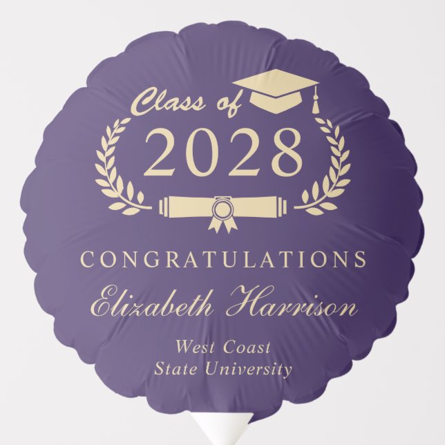 Elegant Script Purple Gold Graduation Party Balloon (Front)