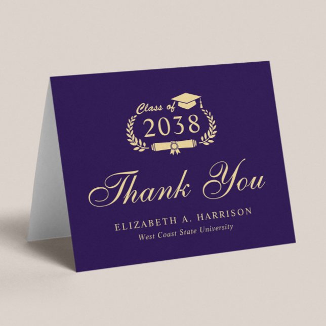 Elegant Script Purple Gold Graduation Thank You Card (An elegant photo graduation thank you card to show gratitude to friends and family for their support)