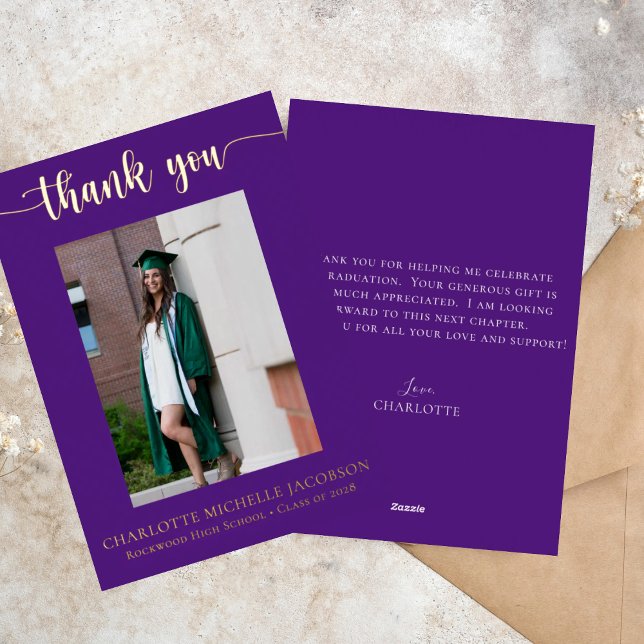 Elegant Script Purple Gold Photo Graduation Foil Invitation (Creator Uploaded)