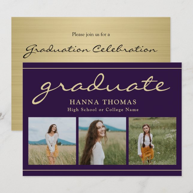 Elegant Script Purple Gold Three Photo Graduation Invitation (Front/Back)