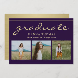 Elegant Script Purple Gold Three Photo Graduation Invitation
