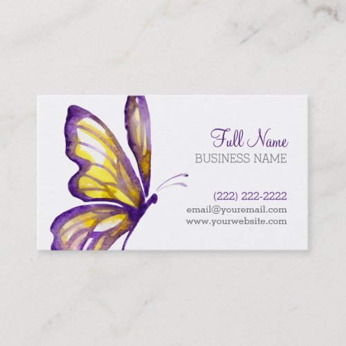 Elegant Script Purple Gold Watercolor Butterfly Business Card