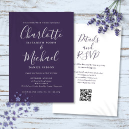 Elegant Script Purple Modern QR Code Wedding Invitation