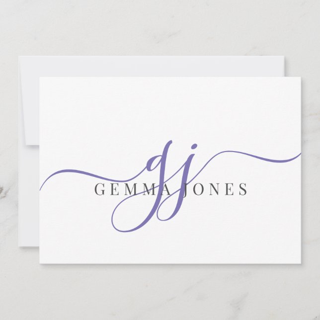 Elegant Script Purple Monogram Initials Name  Note Card (Front)