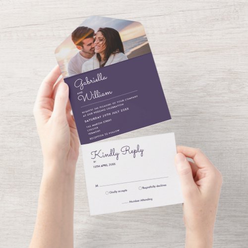 Elegant Script Purple Monogram Photo Wedding All In One Invitation
