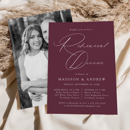 Elegant Script Purple Photo Rehearsal Dinner Invitation