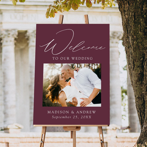Elegant Script Purple Photo Wedding Welcome Sign