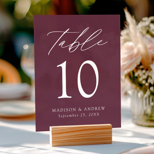 Elegant Script Purple Wedding Table Number Acrylic Sign