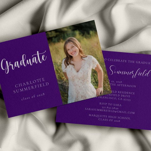 Elegant Script Purple White Photo Graduation Invitation (Creator Uploaded)