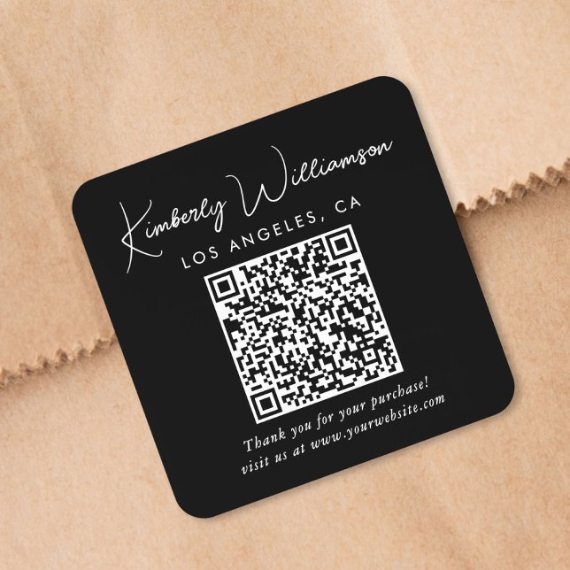 Elegant Script QR Code Black Thank You Square Sticker (Creator Uploaded)