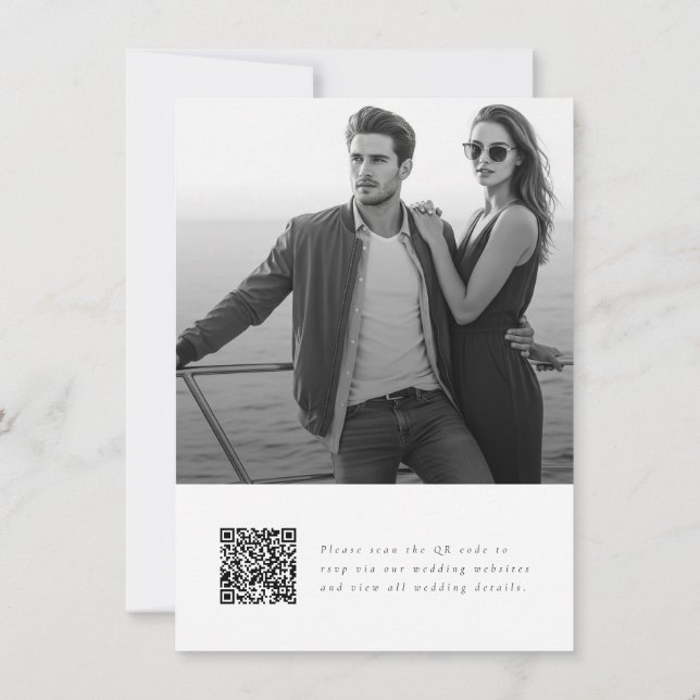 Elegant Script QR Code Photo Budget Wedding Invitation (Back)