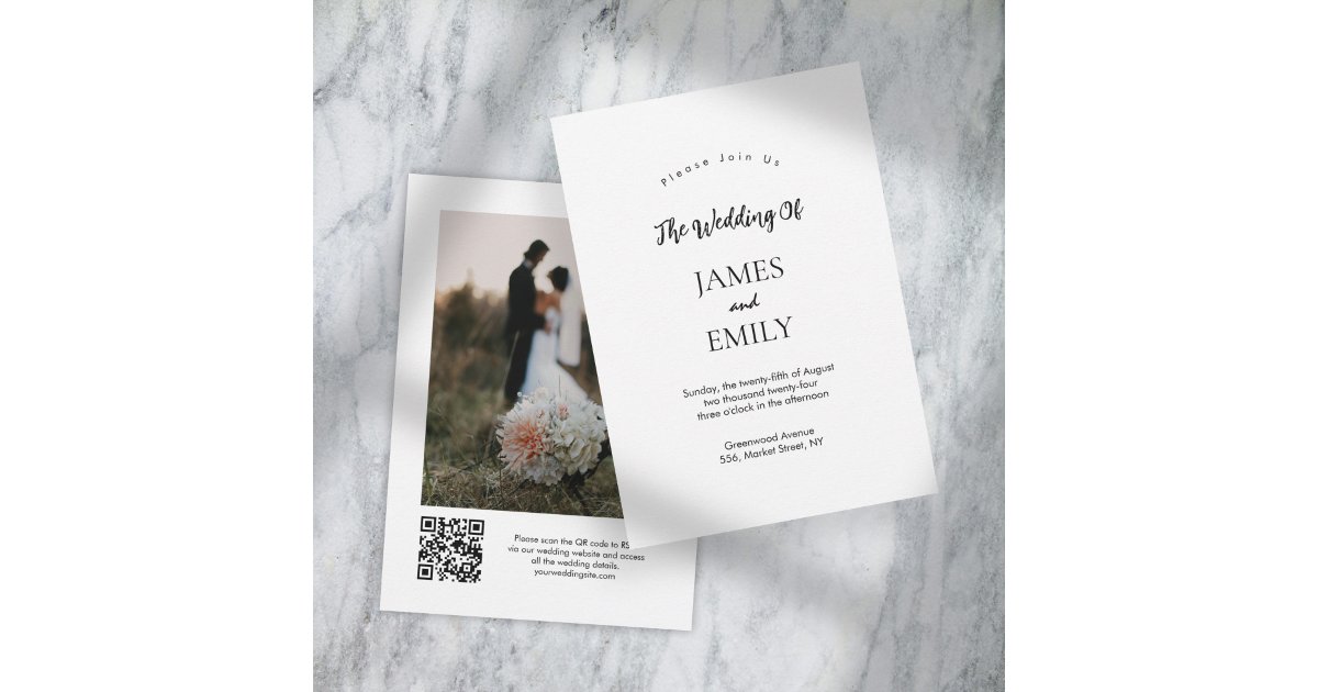 Answer Booklet Script Qr Code Photo Elegant Script QR Code Photo Wedding Invitation | Zazzle