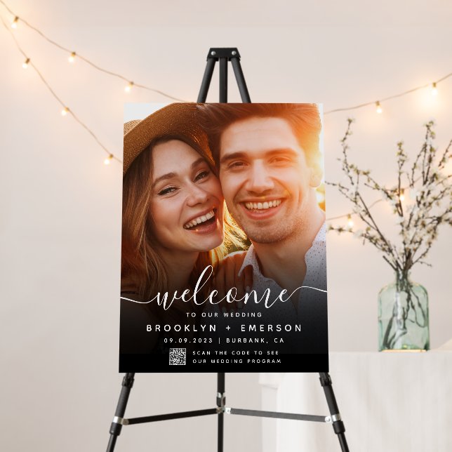 Elegant Script QR Code Photo Wedding Welcome Foam Board (In Situ (Stand))
