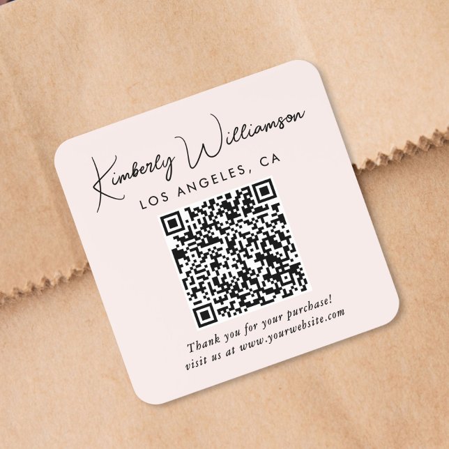 Elegant Script QR Code Pink Thank You Square Sticker (Creator Uploaded)