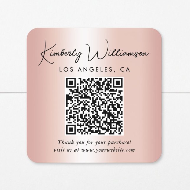 Elegant Script QR Code Rose Gold Thank You Square Sticker (Creator Uploaded)