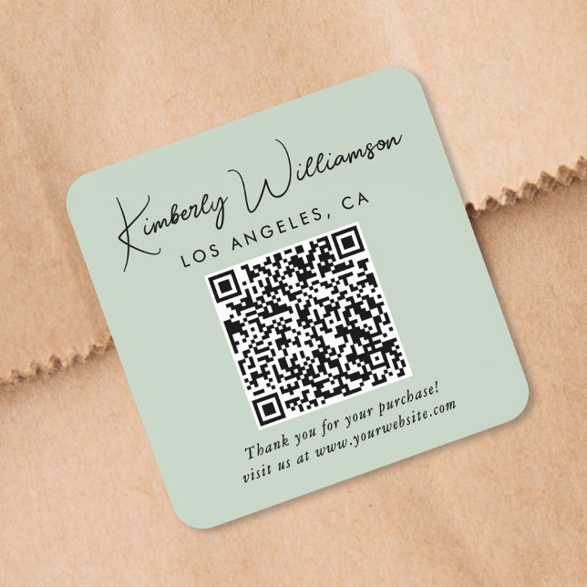Elegant Script QR Code Sage Green Thank You Square Sticker (Creator Uploaded)