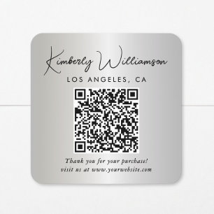 Elegant Script QR Code Silver Thank You Square Sticker