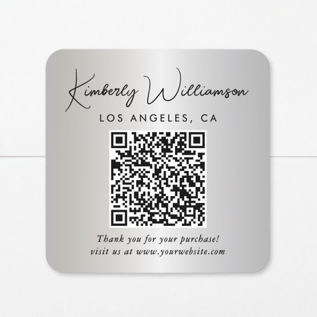 Elegant Script QR Code Silver Thank You Square Sticker (Creator Uploaded)