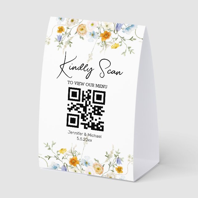 Elegant Script QR Code Wedding Menu floral  Paper Table Tent (Front)