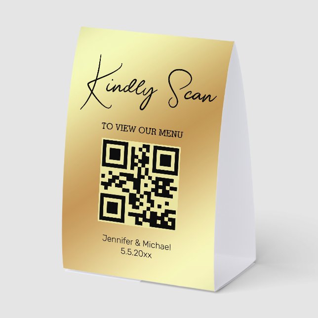 Elegant Script QR Code Wedding Menu Gold  Paper Table Tent (Front)
