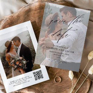 Elegant Script QR code Wedding Photo Save The Date
