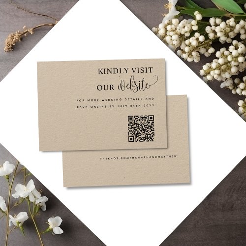 Elegant Script QR Code Wedding Website Kraft Enclosure Card