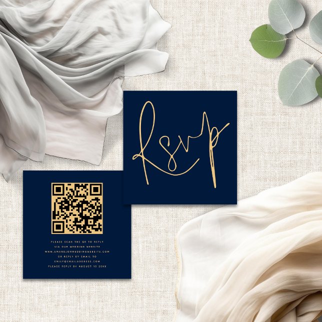 Elegant Script QR Navy Gold Wedding RSVP Enclosure Card (Front and back view)