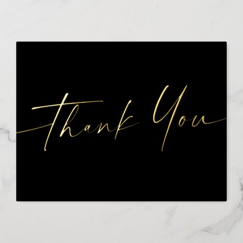 Elegant script real foil thank you black postcard