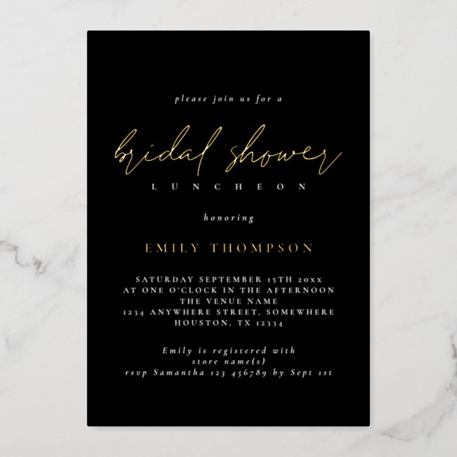 Elegant Script Real Gold Foil Black Bridal Shower Foil Invitation