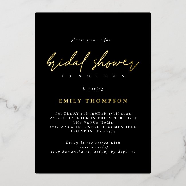 Elegant Script Real Gold Foil Black Bridal Shower Foil Invitation