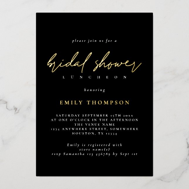 Elegant Script Real Gold Foil Black Bridal Shower Invitation (Front)