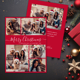 Elegant Script Red 5 Photo Collage Christmas Holiday Card