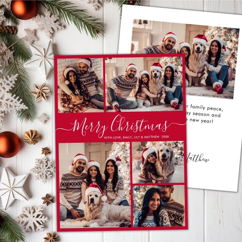 Elegant Script Red 5 Photo Collage Christmas  Holiday Card