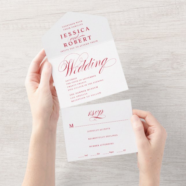 Elegant Script Red and White Calligraphy Wedding All In One Invitation (Tearaway)