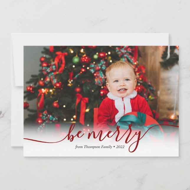 Elegant Script Red Be Merry Photo Christmas Holiday Card (Front)