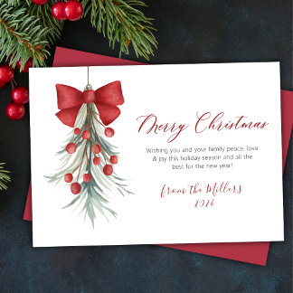 Elegant Script Red Berries Greenery Christmas Holiday Card