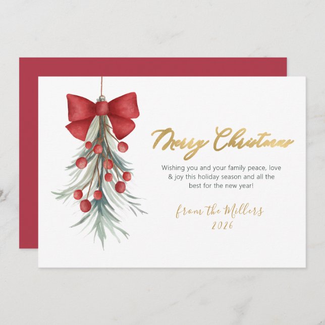 Elegant Script Red Berries Greenery Christmas  Holiday Card (Front/Back)