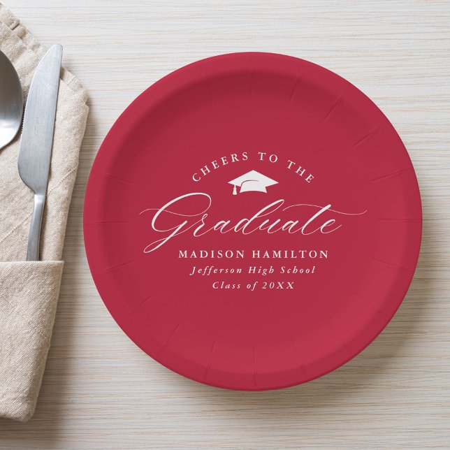 Elegant Script Red Cheers to the Graduate Paper Plates (Creator Uploaded)