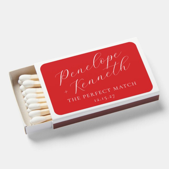 Elegant Script Red Christmas Custom Wedding Favor Matchboxes (Front Open)