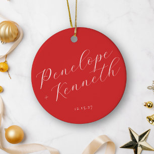 Elegant Script Red Christmas Wedding Personalized Ceramic Ornament