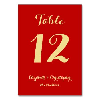 Elegant Script Red Faux Gold Wedding Bridal Shower Table Number by iCoolCreate at Zazzle