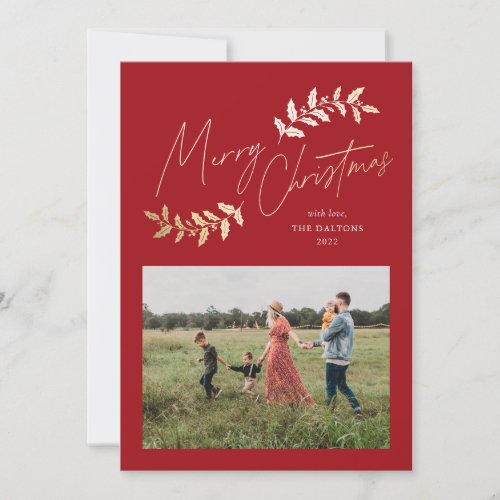 Elegant Script Red Gold Branches 2 Photo Christmas Holiday Card
