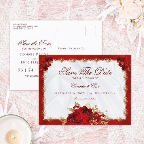 Elegant Script Red Gold Floral Save the Date Announcement Postcard